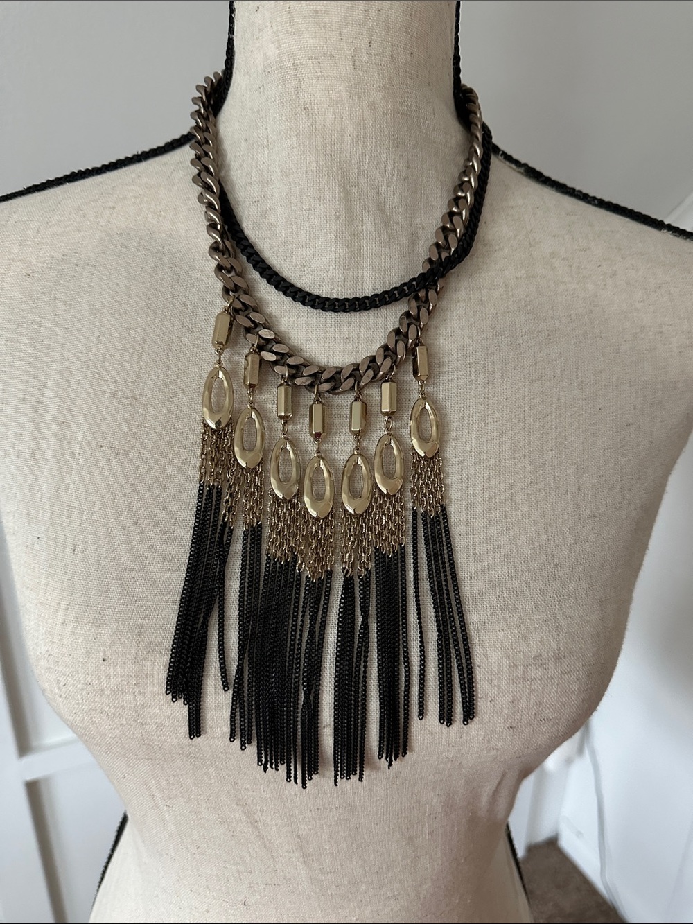 Gold and Black Fringe Statement Necklace - Women Jewelry